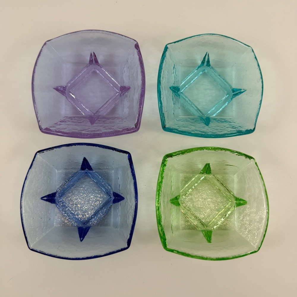Set of 4 Fire and Light Recycled Glass Square Dipping Bowls Butter Pats HTF